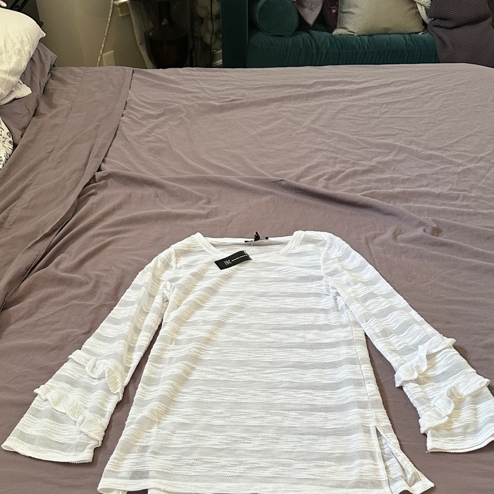 INC International Concepts White Textured Long Sleeve Top